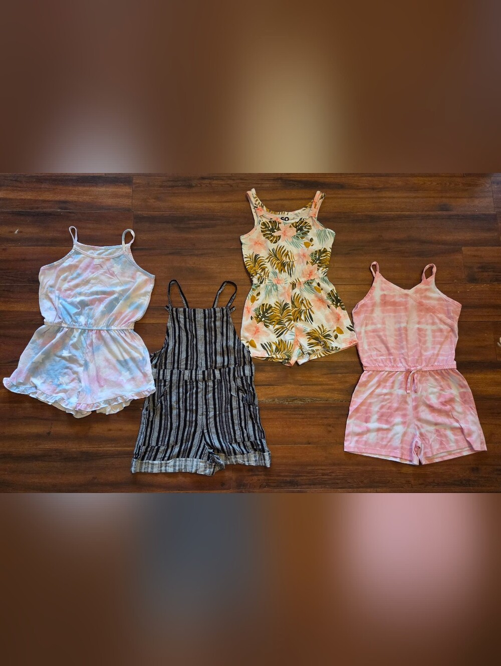 Girl's Tropical, Pink & White, Black White Striped & Blue & Pink Stars 4 Rompers